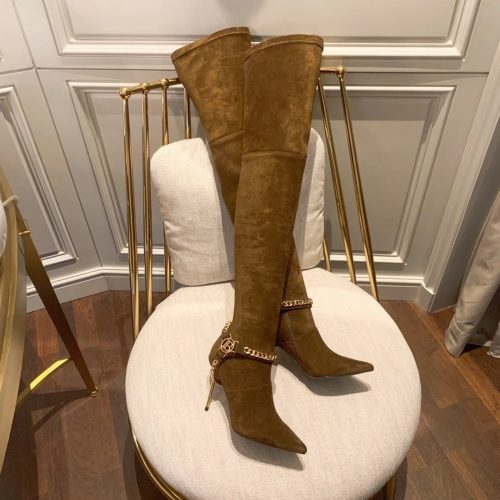 Balmain Chain-Embellished Suede Over-The-Knee Boots Brown