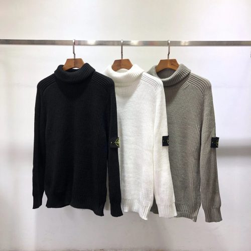 Stone Island Ribbed Turtleneck Sweater Knit Pullover Black White and Gray