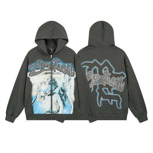 Design Graphic Print Zip-Up Hoodie Gray