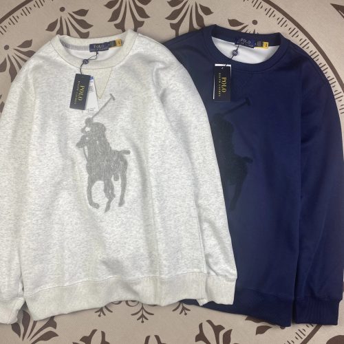 Polo Ralph Lauren Big Pony Embroidered Cotton Crewneck Sweatshirt White and Navy