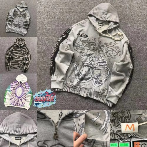 Hellstar Graphic Zip-Up Oversized Hoodie Gray