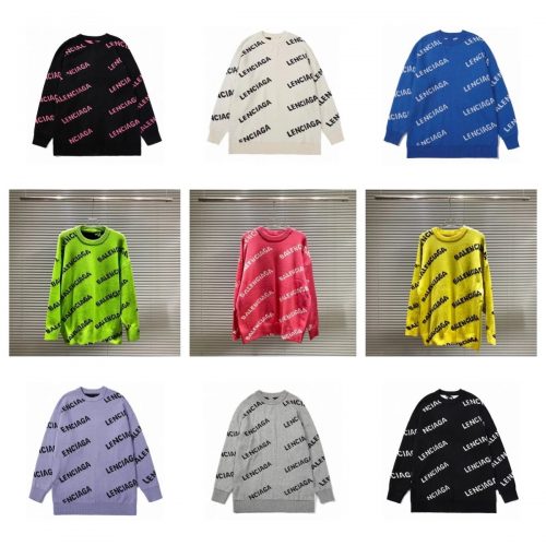 Balenciaga All-Over Logo Knit Sweater Oversized Crewneck Multicolor