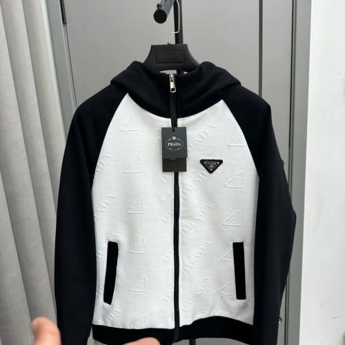 Prada Embossed Triangle Pattern Zip-Up Hoodie Black and White