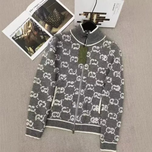 Gucci GG Monogram Knit Zip-Up Sweater Gray
