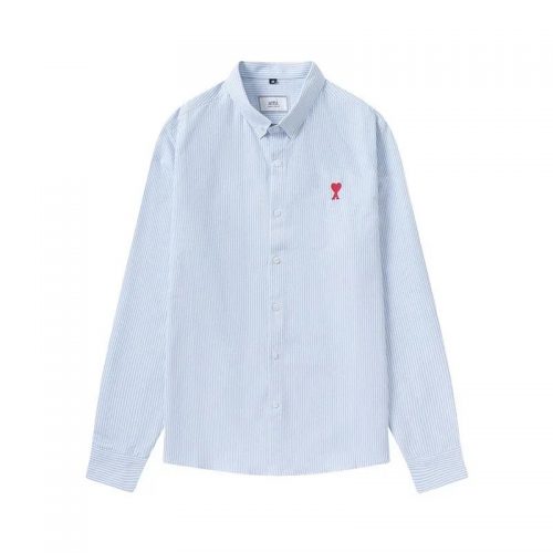 Ami Paris Ami Ami de Coeur Striped Cotton Button-Down Shirt Light Blue and White
