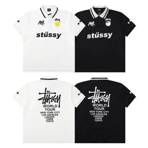 Stussy World Tour Graphic Polo Shirt Black and White
