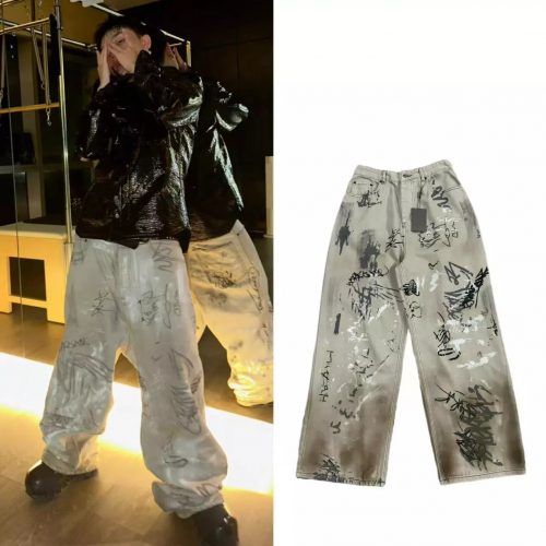 Design Graffiti Print Wide Leg Jeans Distressed Denim Pants Beige