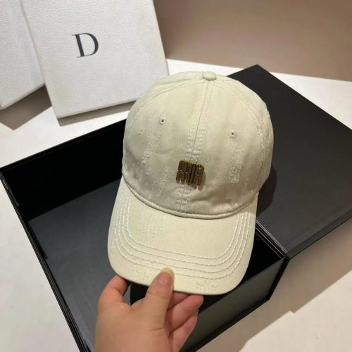 Miu Miu Distressed Cotton Baseball Cap Beige