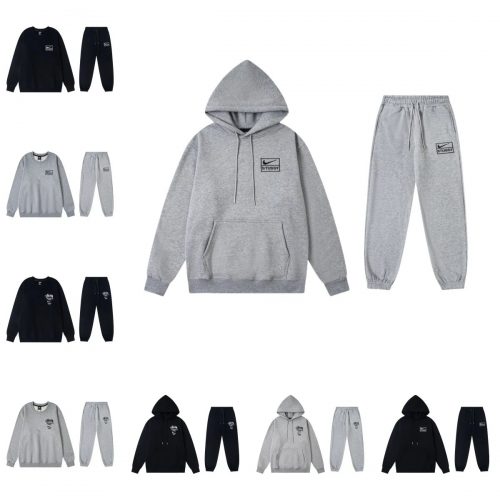 Nike x Stussy Collaborative Fleece Streetwear Tracksuit Set Gray and Black