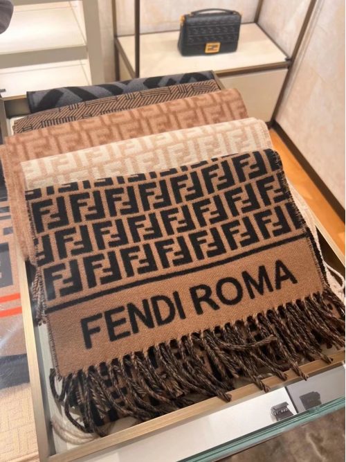 Fendi FF Logo Fringed Wool Scarf Brown