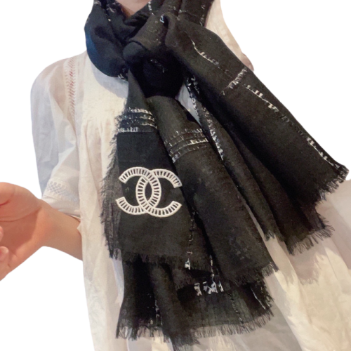 Chanel CC Embroidered Fringed Scarf Black
