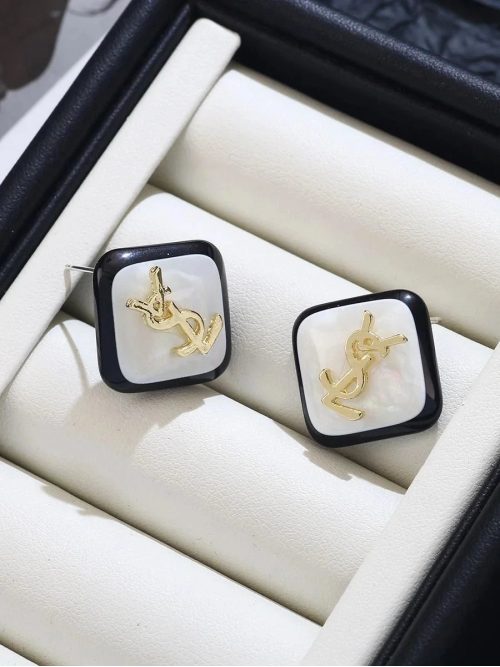Yves Saint Laurent YSL Square Stud Earrings Elegant Jewelry Black and White
