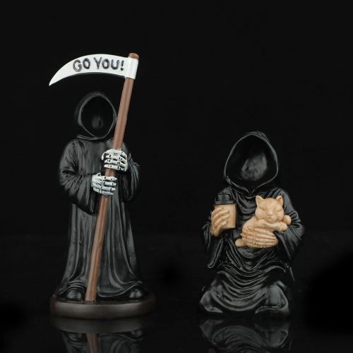 Design Grim Reaper with Cat Cute Figurine Home Decor Black and Beige