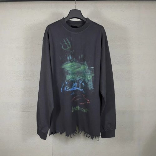 Design Distressed Graphic Oversized Long Sleeve Shirt Black