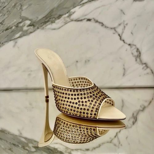 Design Crystal Embellished Mesh High Heels Mules Beige