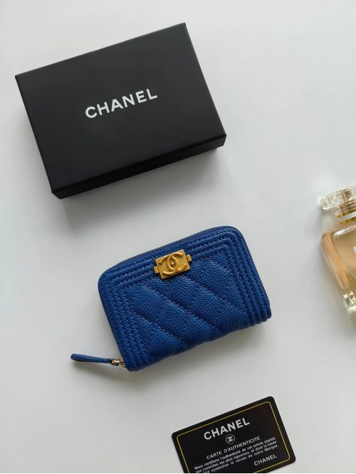 Chanel Boy Zip Around Quilted Leather Wallet Blue