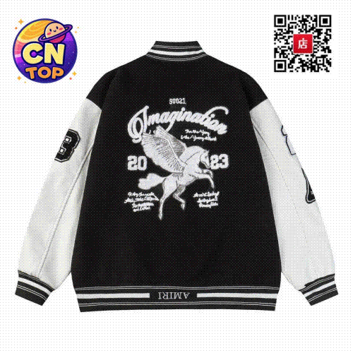 Amiri Imagination Pegasus Varsity Jacket Graphic Streetwear Black and White